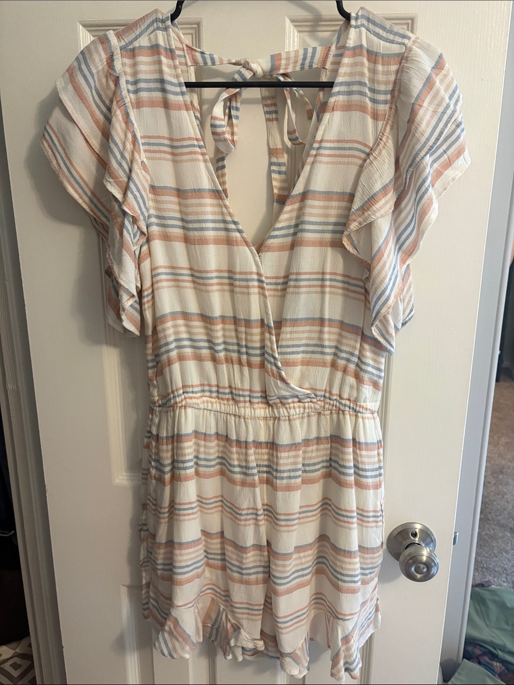 Striped White Flutter-Sleeve Romper with Tie Back